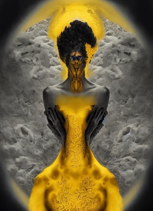 Image similar to dramatic yellow matte portrait painting of woman with black mandelbrot fractal instead of face, horror, body horror, dark art, 4 k, detailed, realistic, psychotic, insane, crazy, mental illness, dramatic,