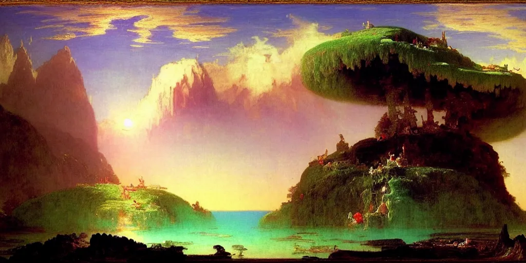 Image similar to a fantasy landscape of a floating island in the sky by whistler, thomas cole, and lisa frank