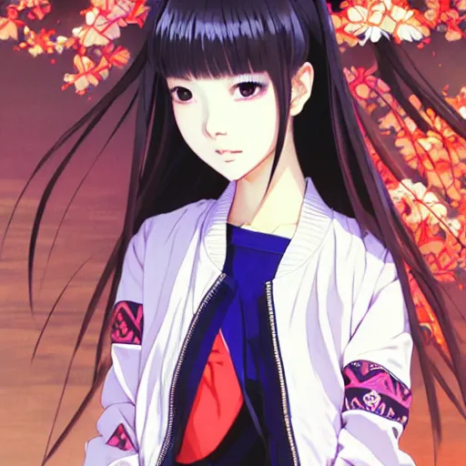 Image similar to a beautiful japanese lalisa alluring gravure model, wearing oversized designer bomber jacket and leotard, bulky poofy bomber jacket with mesoamerican patterns, mesoamerican native street fashion, gapmoe yandere grimdark, trending on pixiv fanbox, painted by greg rutkowski makoto shinkai takashi takeuchi studio ghibli, akihiko yoshida