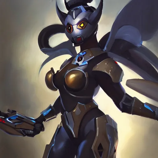 Image similar to greg manchess portrait painting of partially armored umbreon as overwatch character, medium shot, asymmetrical, profile picture, organic painting, sunny day, matte painting, bold shapes, hard edges, street art, trending on artstation, by huang guangjian, gil elvgren, ruan jia, greg rutkowski, gaston bussiere