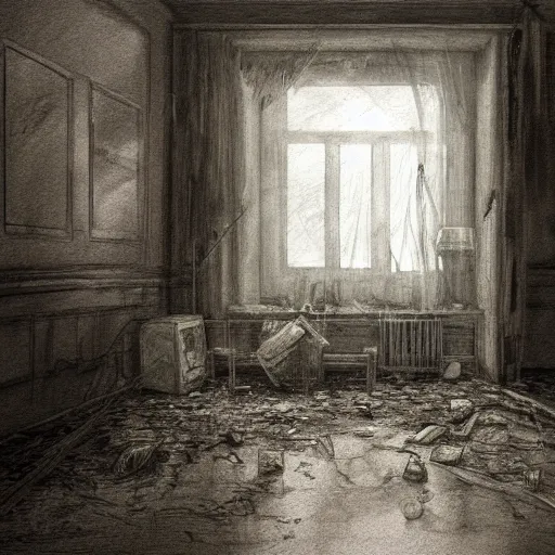 Image similar to derelict hotel room, abandoned, messy, moody atmosphere, sunlight through window blinds, dusty room, creepy, detailed sketch, artstation award