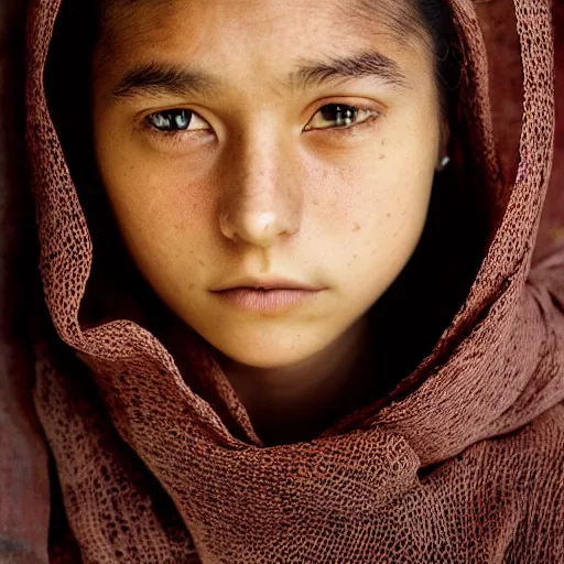 Prompt: well-lit studio portrait of 15-year old girl with wide, anxious eyes and parted lips wearing a shawl by Steve McCurry