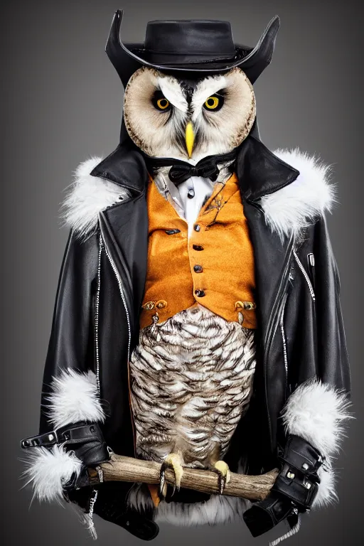 Prompt: cute owl wearing black biker jacket, portrait photo, backlit, studio photo, background colorful, tophat