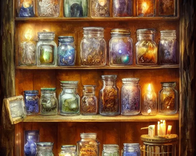 Image similar to a large wood display cabinet filled with lots of different items in magical glowing jars in different colors, a still life by seb mckinnon, artstation, neoplasticism, lovecraftian, artstation hq, award winning photography 4 k 8 k 1 6 k