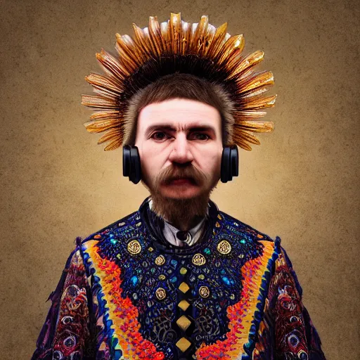 Image similar to Colour Caravaggio and mandelbulb 3d fractal style full body portrait Photography of Highly detailed Man wearing detailed Ukrainian folk costume designed by Taras Shevchenko with 1000 years perfect face wearing highly detailed retrofuturistic VR headset designed by Josan Gonzalez. Many details In style of Josan Gonzalez and Mike Winkelmann and andgreg rutkowski and alphonse muchaand and Caspar David Friedrich and Stephen Hickman and James Gurney and Hiromasa Ogura. Rendered in Blender and Octane Render volumetric natural light