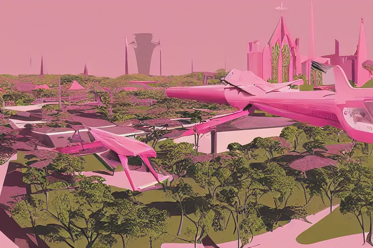 Prompt: aerial helicopter view over Maringá's Cathedral, lot of trees, some Ipê pink trees, retro futuristic illustration, made by Syd Mead. High density, ultra detailed