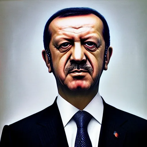 Prompt: Portrait of Recep Tayyib Erdoğan, close-up, very detailed facial features, by Martin Schoeller