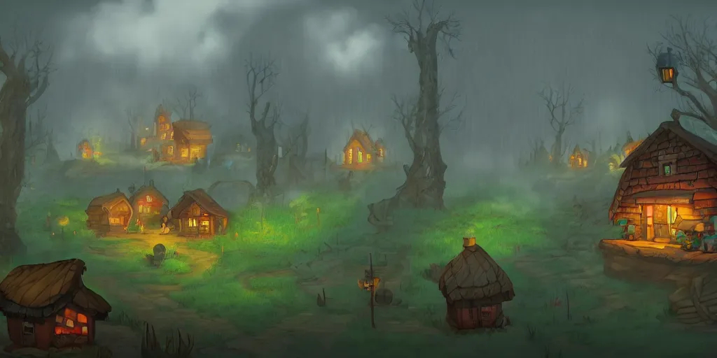 Prompt: village in the woods, ominous mist, high quality masterpiece acclaimed 2 d platformer, artstation