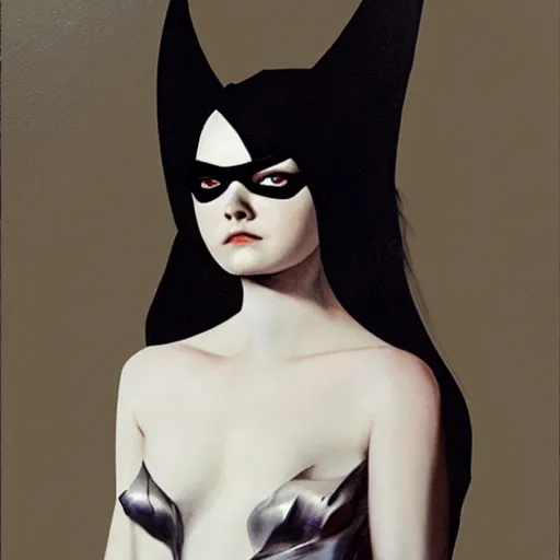 Prompt: a striking hyper real painting of Elle Fanning as batgirl, dark, metal, occult, by Francisco Goya