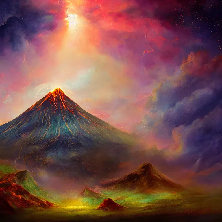 Image similar to a painting of a volcano from which come out flowers and stars exotic plants, all this happens in some kind of fantasy world, almost like in the sky or all in the amazing outdoors view, long exposure, 8 k resolution, trending on artstation