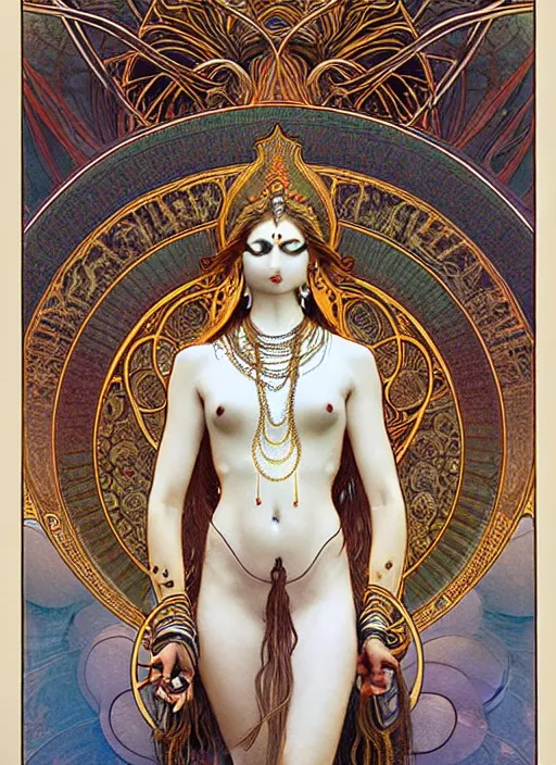 Image similar to a painting. a white shiva. trichiales. gold art nouveau mucha border. top circle arch, hyper complexity, intricate detailed, realistic art deco by greg rutkowski and zdzisław beksinski and john harris photoreal