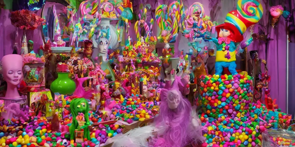 Prompt: a witch made of candy, in a candy land style house, bright, vibrant, everything is made of candy, evil, horror movie