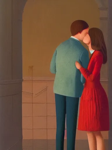 Image similar to a guy and a girl kissing, artwork by wes anderson, cinematic light, atmospheric effects, oil on canvas