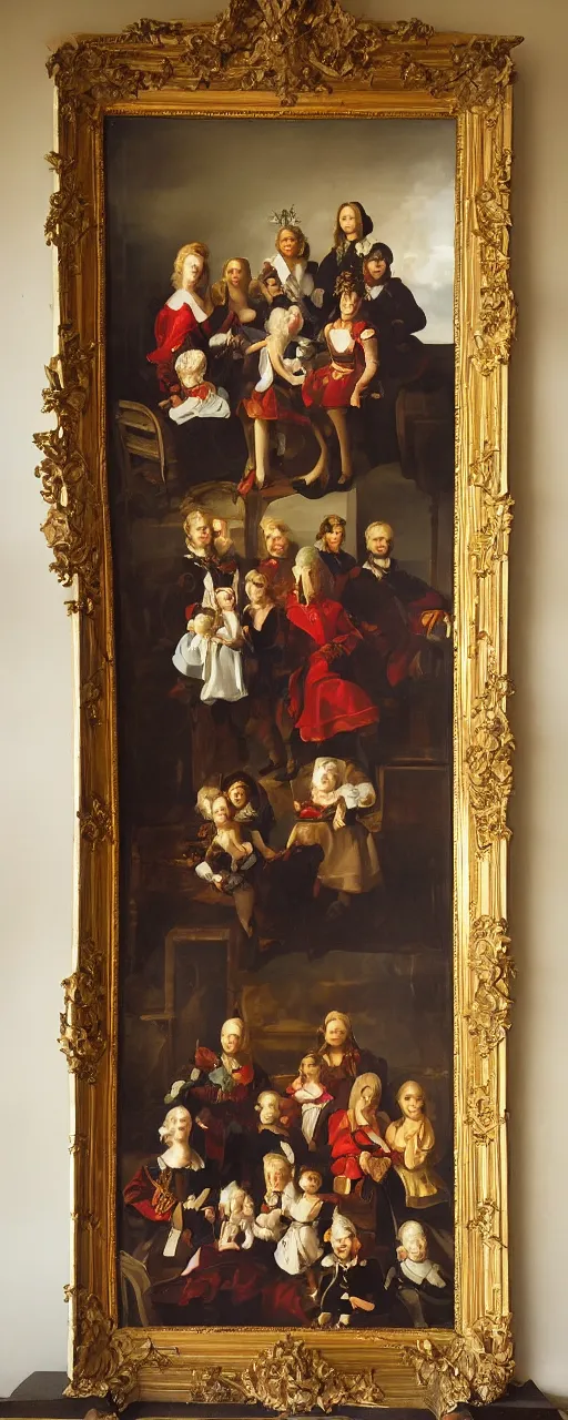 Image similar to oil paint of family portrait in the main room of the castle, dark room, one point of light trough a big window. baroque style 1 6 5 0, high details on clothes, realistic faces and expressions