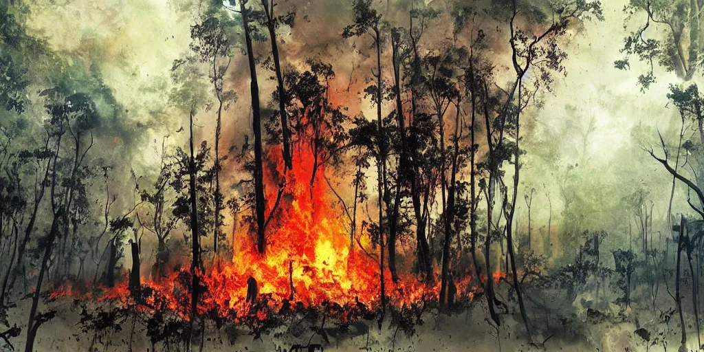 Prompt: amazon forest burning, apocalyptic, very detailed, wide - angle lens, digital art by bill sienkiewicz.