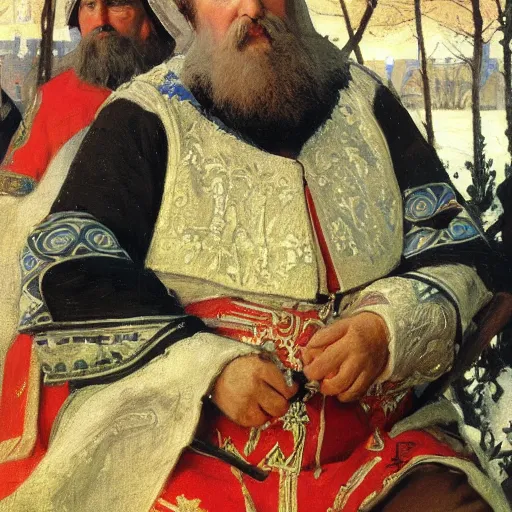 Prompt: portrait of medieval russian tsar in Cap of Monomakh sitting and watching smartphone masterpiece painting by vasnetsov and surikov serov, JEAN-VICTOR BERTIN, by Terence Cuneo, detailed, artfully traced, 4k resolution, cinematic, dramatic