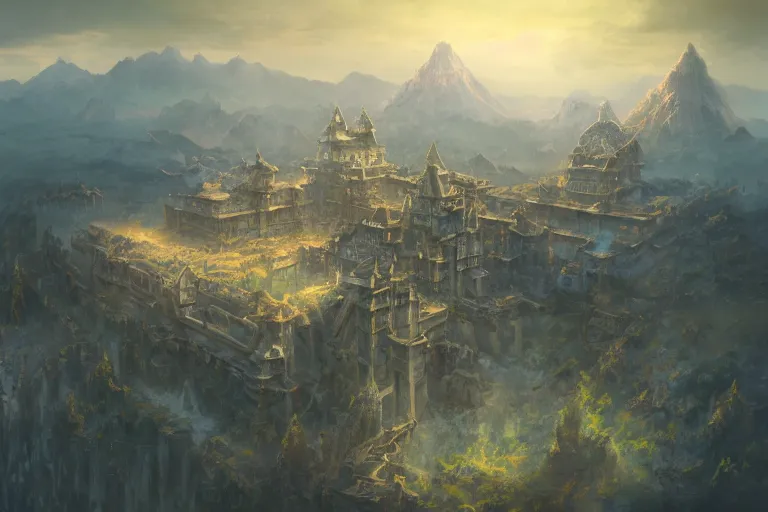 Image similar to cinematic fantasy painting, aerial view of an ancient land, sunset and ominous shadows over the kingdom, brutalist shiro himeji rivendell palace eden by jessica rossier and ( ( ( ( brian froud ) ) ) )