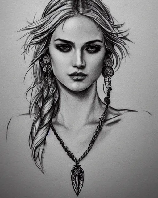 Prompt: tattoo sketch of beautiful greek goddess aphrodite with arrowhead earrings and beautiful feather jewelry, beautiful piercing eyes, beautiful blonde hair, hyper realistic face, in the style of greg rutkowski, fantasy, amazing detail, epic, elegant, smooth, sharp focus, from the front