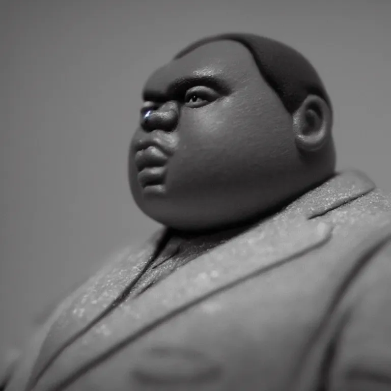 Prompt: a cinematic film still of a claymation stop motion film starring biggie smalls, portrait, shallow depth of field, 8 0 mm, f 1. 8