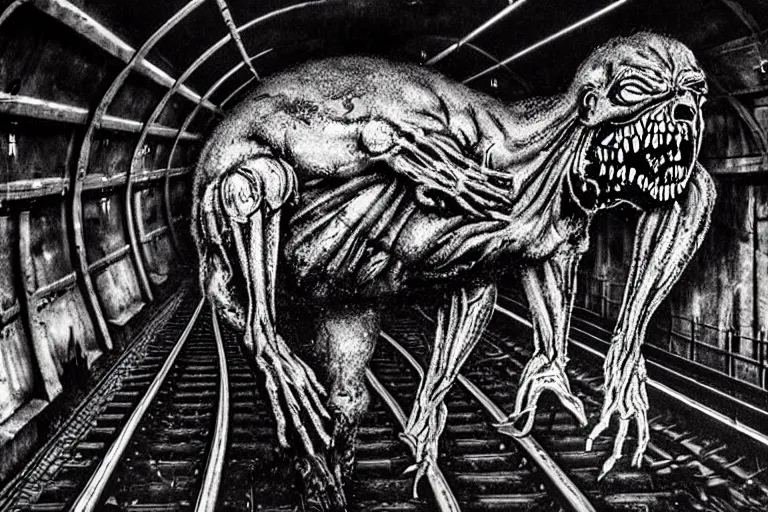 Image similar to very large giant mutant zombie irradiated angry rat sraying on railways in tonnel of moscow subway. extreme high detail, very realistic. low dark light, scary mood. giger and hermann nitsch