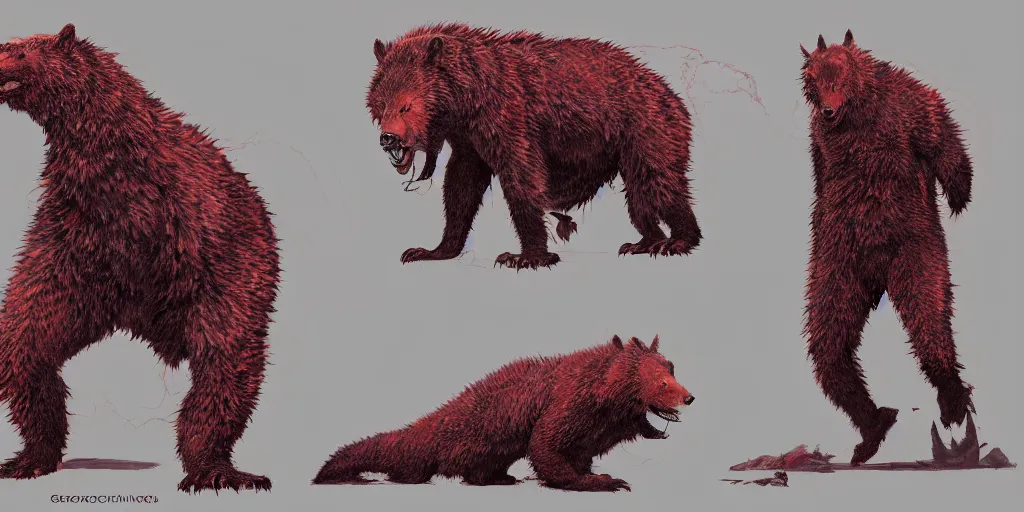 Image similar to Crimson red draconian grizzly bear character design sheet, scaly, demonic, reptilian, white stripes all over its body, Moebius, Greg Rutkowski, Zabrocki, Karlkka, Jayison Devadas, Phuoc Quan, trending on Artstation, 8K, ultra wide angle, zenith view, pincushion lens effect.