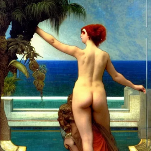 Image similar to Moon girl at the palace, thunderstorm, greek pool, beach and palm trees on the background major arcana sky, by paul delaroche, alphonse mucha and arnold böcklin arnold böcklin hyperrealistic 8k, very detailed