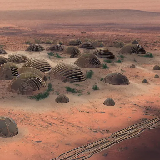 Image similar to A photorealistic image of the colonization of Mars, circa 2050, featuring large bio-domes filled with vegetation while the surface of Mars has many futuristic-looking buildings dotting the landscape, several people in space suits are outside