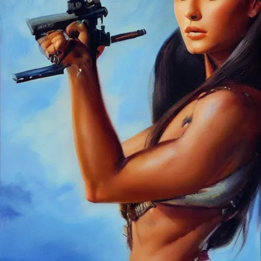 Prompt: ultra realistic portrait painting of ariana grande as a western outlaw, art by frank frazetta, 4 k, ultra realistic, highly detailed, epic lighting.