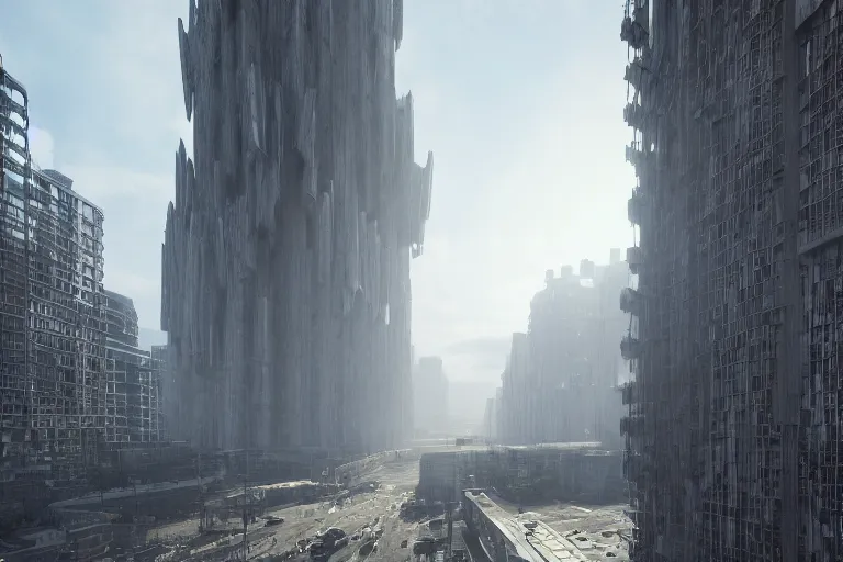 Image similar to streetscape, a towering cathedral of brutalist architecture, buildings covered with greebles, stunning volumetric light, sunset, metal, concrete and translucent material, stunning skies, majestic landscape, trending on Artstation, 8k, photorealistic, hyper detailed, unreal engine 5, IMAX quality, cinematic, epic lighting, in the style of Greg Rutkowski