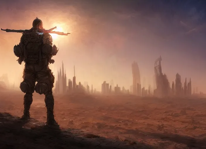 Image similar to detailed concept art background matte painting, strong muscular older soldier roaming through desert with city in the skyline, two suns, purple orange colors, sharp focus, illustration, highly detailed, digital painting, concept art, matte, art by wlop and artgerm and greg rutkowski, masterpiece