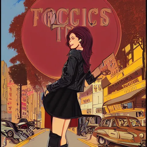 Image similar to portrait of an attractive young female protagonist, center focus, wearing leather jacket, in city street, detailed artwork by ralph bakshi