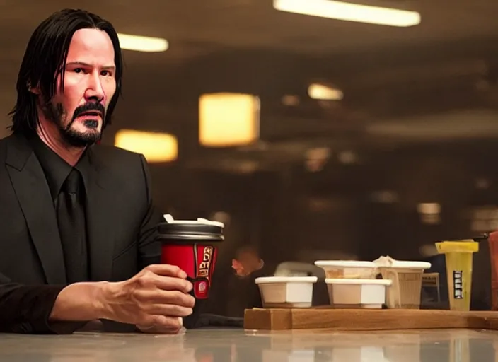Image similar to film still of john wick played by keanu reeves working in a fast food restaurant in the new john wick movie, 4 k