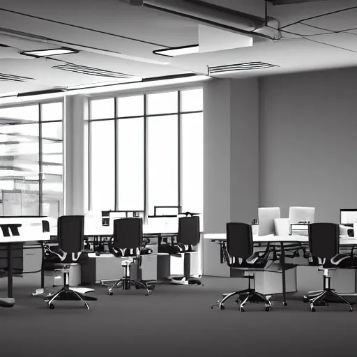Image similar to a line drawing of an office with chairs and desks, a computer rendering by senior environment artist, polycount, bauhaus, matte drawing, ambient occlusion, global illumination