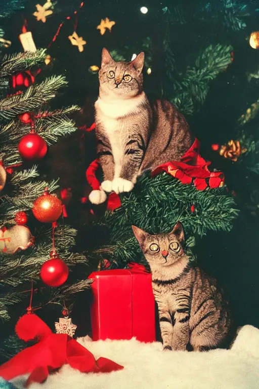 Prompt: retro photo cat in cute clothes on the background of a christmas tree with new year's toys, ussr, sovet ; kodak ektar, 2 0 0 iso, 3 5 mm lens, bill henson style beautiful chiaroscuro lighting, beautiful colour palette, beautiful and realistic, wide shot