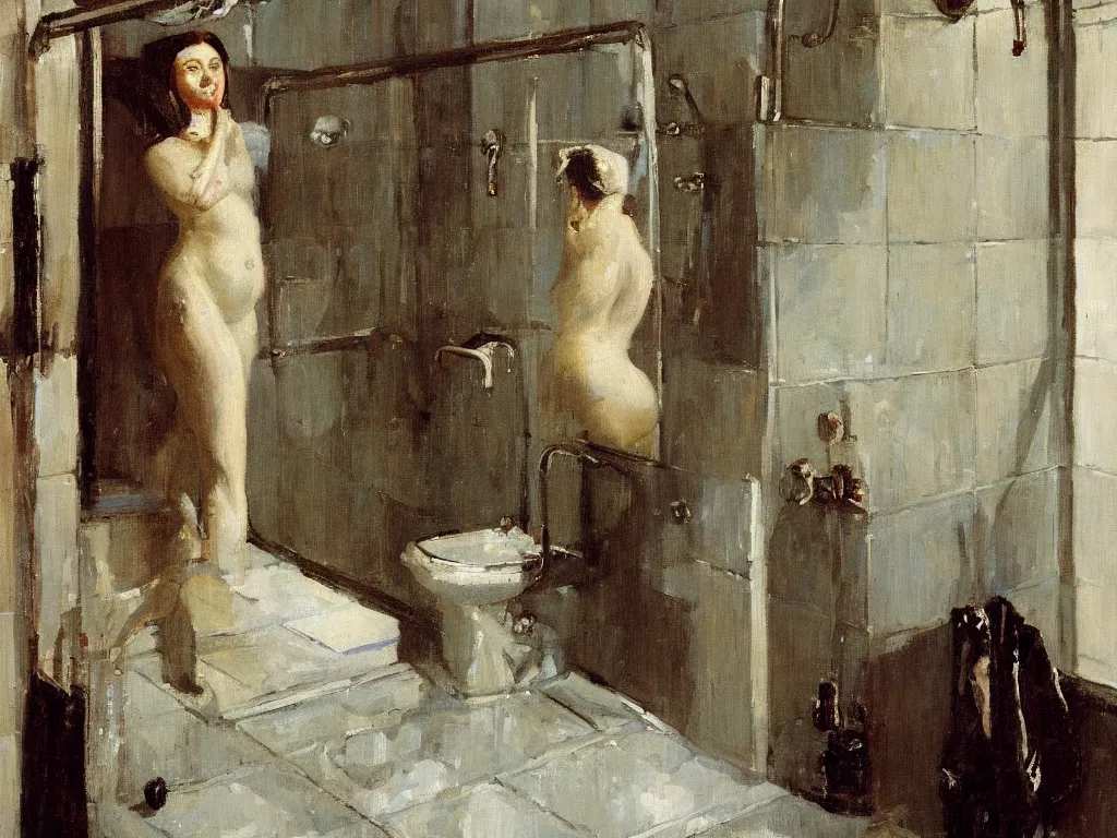 Prompt: portrait of a lady in the shower, painting by stanhope forbes, oil on canvas