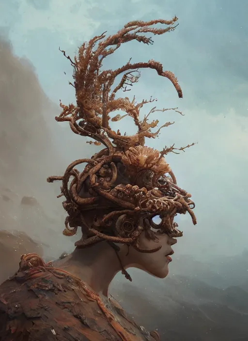 Image similar to Helmet of a forgotten Deity, ivory, copper cables, corals, plume of seaweed, extremly detailed digital painting, in the style of Fenghua Zhong and Ruan Jia and jeremy lipking and Peter Mohrbacher, mystical colors, rim light, beautiful lighting, 8k, stunning scene, raytracing, octane, trending on artstation