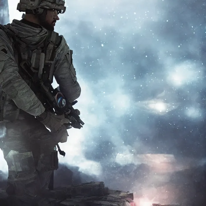 Image similar to cinematic background blur bokeh, beautiful lighting, call of duty ghost soldier looking out into the vastness of space, digital art