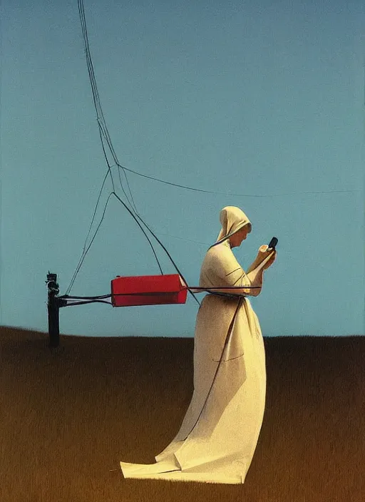 Image similar to woman with a paper bag over the head and a sward connected with telephone wires Edward Hopper and James Gilleard, Zdzislaw Beksinski, Steven Outram highly detailed