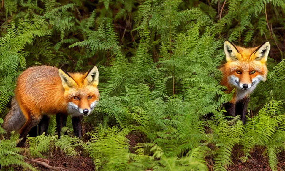 Image similar to a red fox in a northwestern boreal forest with lush ferns after a rain shower, golden hour, sunlight, huge, boulders, award winning nature photograph