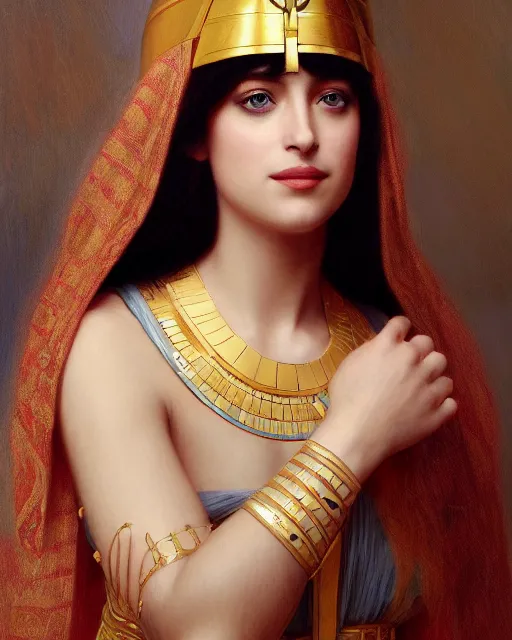 Image similar to Dakota Johnson as a beautiful egyptian princess, gorgeous, portrait, Symmetrical, powerful, intricate, beautiful, masterpiece, elegant, volumetric lighting, highly detailed, digital painting, hyper-realistic, artstation, sharp focus, no blur, illustration, William-Adolphe Bouguereau , ruan jia