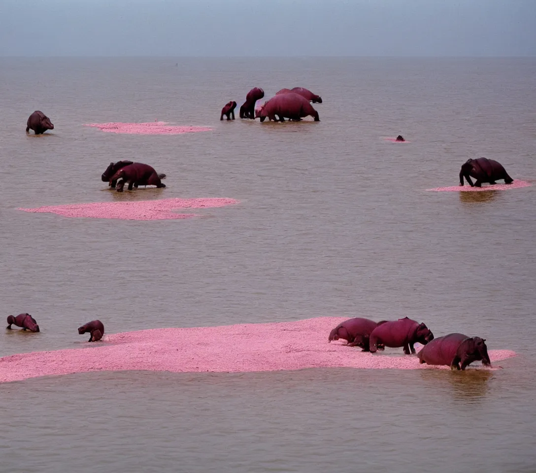 Image similar to a 3 5 mm photography, kodachrome colour of 3 0 hippos running in a pink lake, taken by martin parr