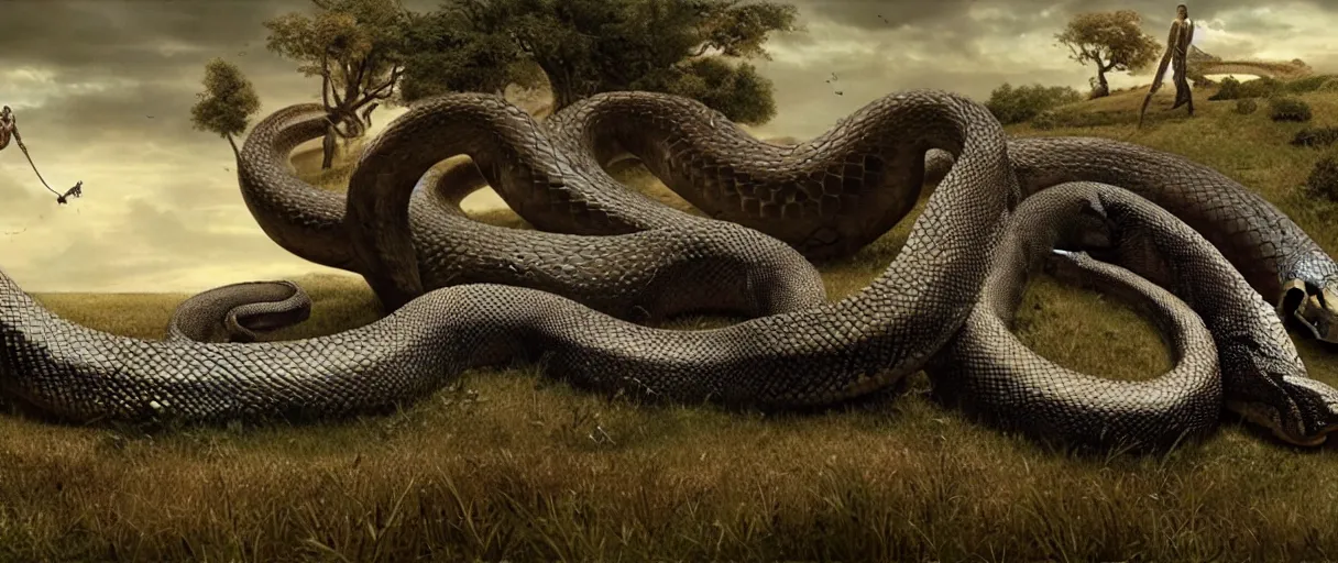 Image similar to a giant snake near a village, high detail, 8k, ornate, dark fantasy, maximalist, realistic, masterpiece, complex, WLOP, film still from the movie directed by Denis Villeneuve with art direction by Salvador Dalí