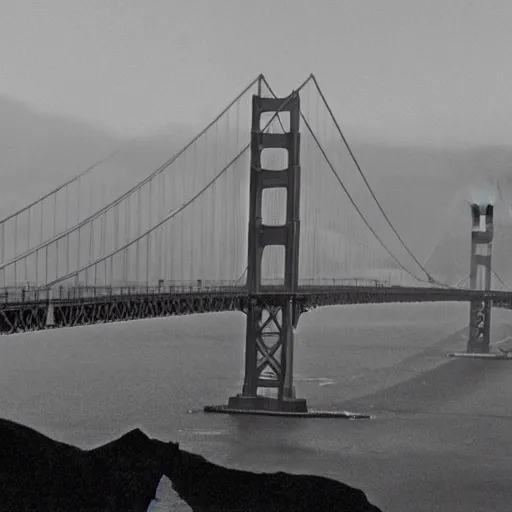 Image similar to 1 9 7 0 s, movie still frame, black and white, photorealistic highly detailed, 8 k, sit - com, body - horror, chtulhu monster emerges in san francisco bay