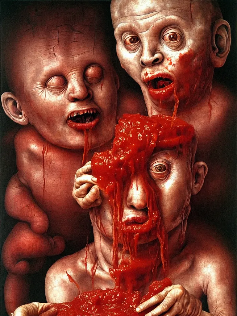 Image similar to a boy like eraserhead and elephant man sitting in a tub full of tomato sauce, looking straight into camera, screaming in desperation, by giuseppe arcimboldo and ambrosius benson, renaissance, fruit, intricate and intense oil paint, a touch of beksinski and hr giger and edward munch, realistic