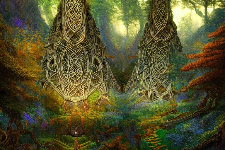 Image similar to a beautiful and highly detailed digital painting of an elven structure in psychedelic forest in a beautiful valley, psychedelic patterns, celtic designs, intricate details, epic scale, 8 k, sharp focus, photorealism, artstation, cgsociety, by caspar friedrich, albert bierstadt, james gurney, brian froud,