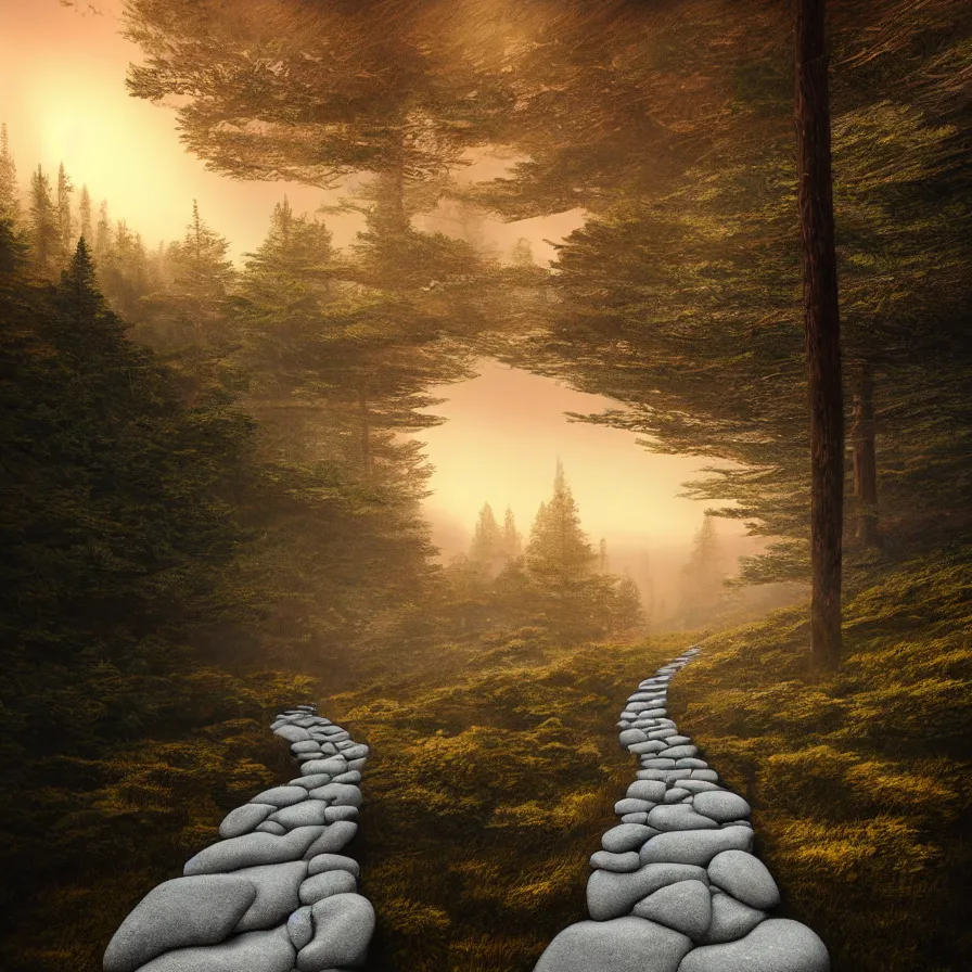 Image similar to surrealist abstract rendering of a stone path leading down the horizon through giant pine forests down a rocky mountain coast towards a majestic sunset. atmospheric foggy landscape, soft tones, psychedelic, ultra realistic, concept art, modern art, photorealistic, octane render.