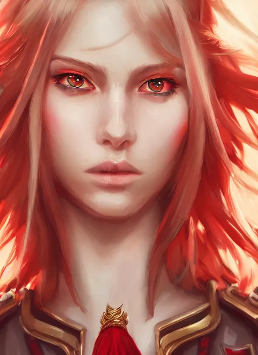 Image similar to a highly detailed illustration of beautiful long dirty blonde haired pale girl wearing red epaulette uniform, red eyes, dramatic seductive pose, intricate, elegant, highly detailed, centered, digital painting, artstation, concept art, smooth, sharp focus, league of legends concept art, WLOP