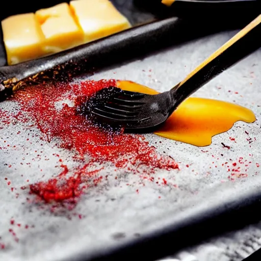 Prompt: beautiful viscous honey dripping on fork made of crimson - black metal, hyper realistic, award winning slow - motion food photography