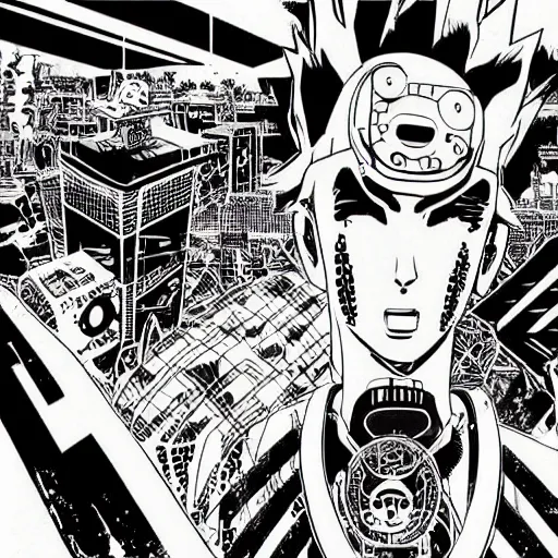 Prompt: “Cyber Punk 2077” graphic novel illustrated by Kishimoto published on Shonen Jump 1996 black and white pen and ink highly detailed