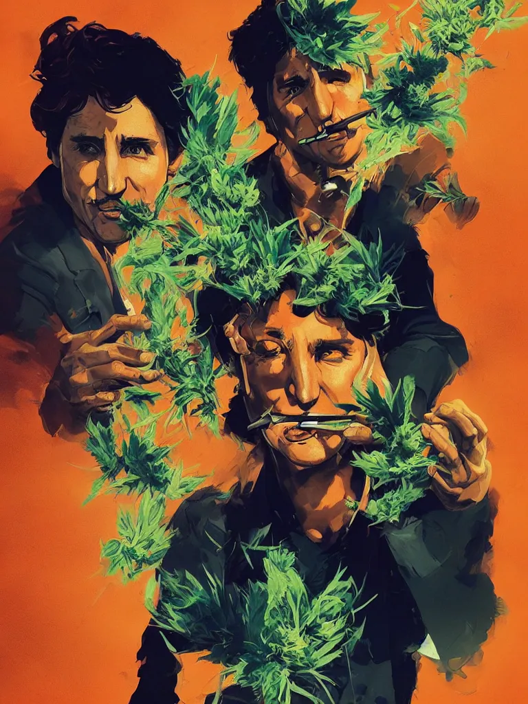 Prompt: duotone concept illustration portrait of justin trudeau smoking cannabis, cannabis!, cinematic volumentric lighting, jim cheung, david marquez, mike deodato jr, ilya kuvshinov, makoto shinka, behance hd by jesper ejsing, by rhads, hyper detailed, octane render, concept art, artstation